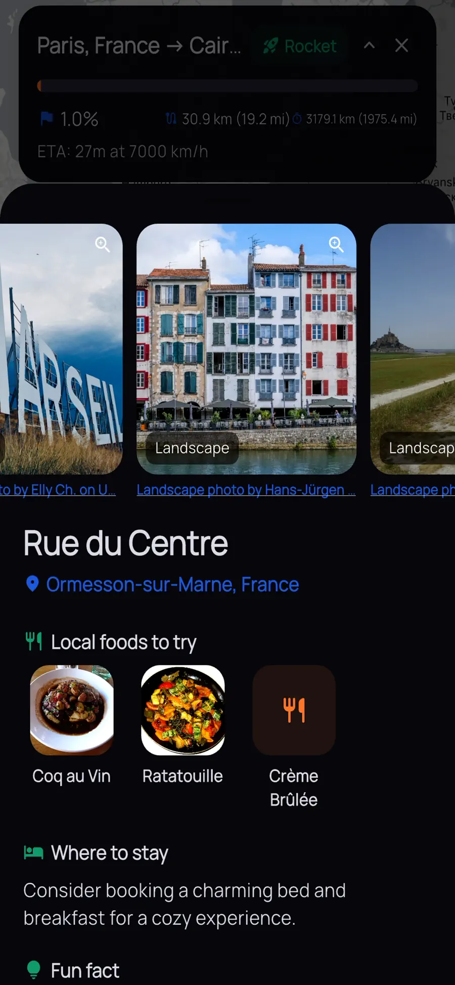 A travel guide entry for a place along the route, with local highlights and photography