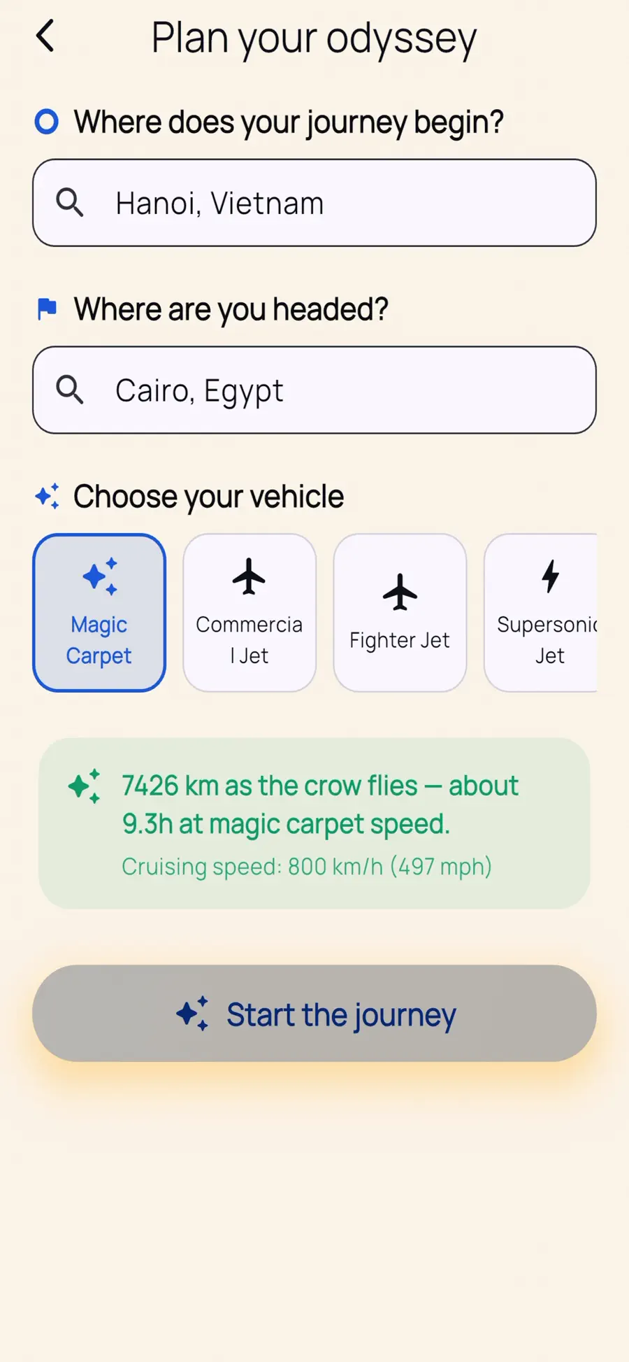 Planning an odyssey from Hanoi to Cairo with a magic carpet selected