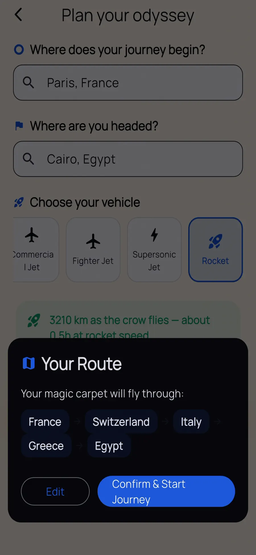 Route preview listing the countries the journey will fly over before you confirm