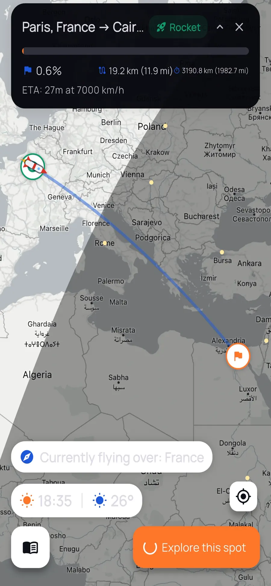 The live map with day and night shading sweeping across the globe